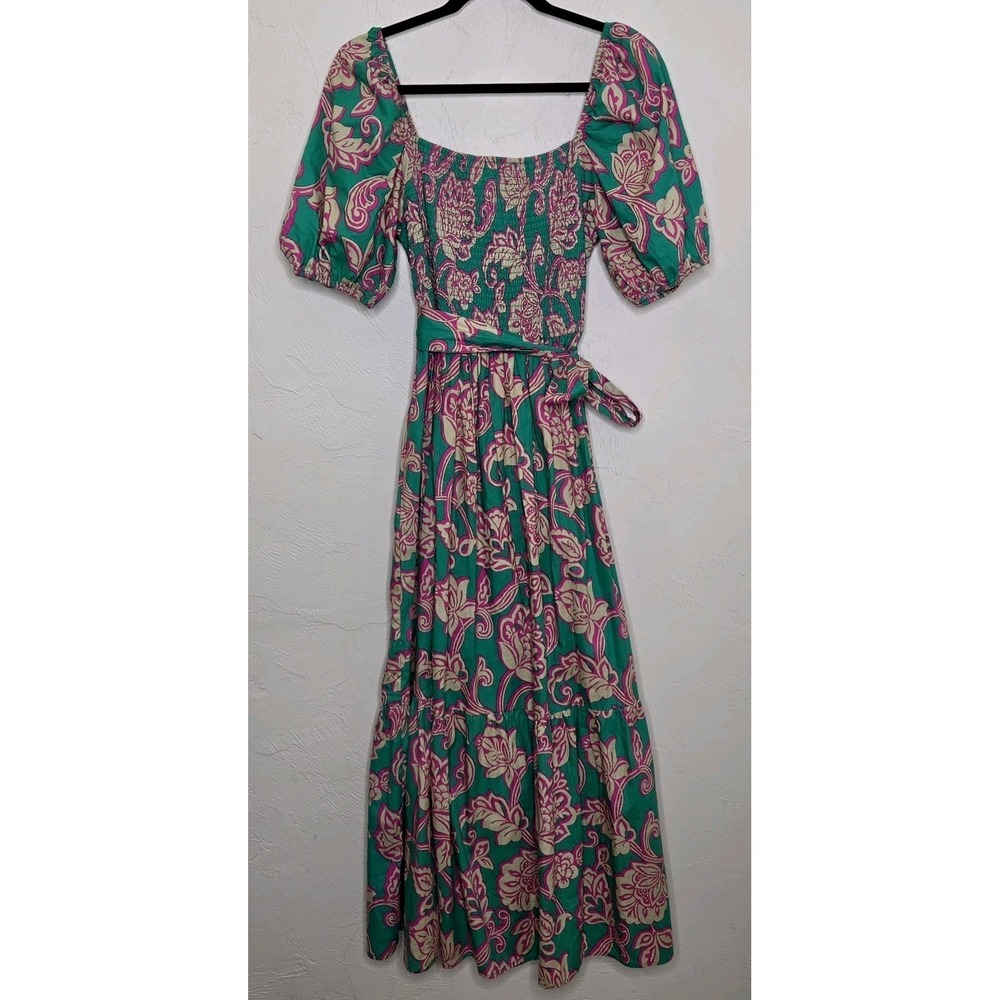 Flying Tomato Women's Size Large Green Pink Floral Print Smocked Maxi Dress Long